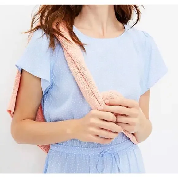LOFT Dress Womens M Light Blue Polka Dot Godet Ruffle Tie Waist Minimalist - Picture 3 of 9